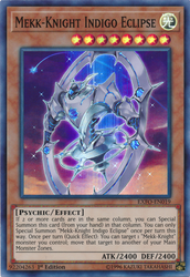 A Super Rare "Mekk-Knight Indigo Eclipse" card from the Yugioh Set: Extreme Force (EXFO). 