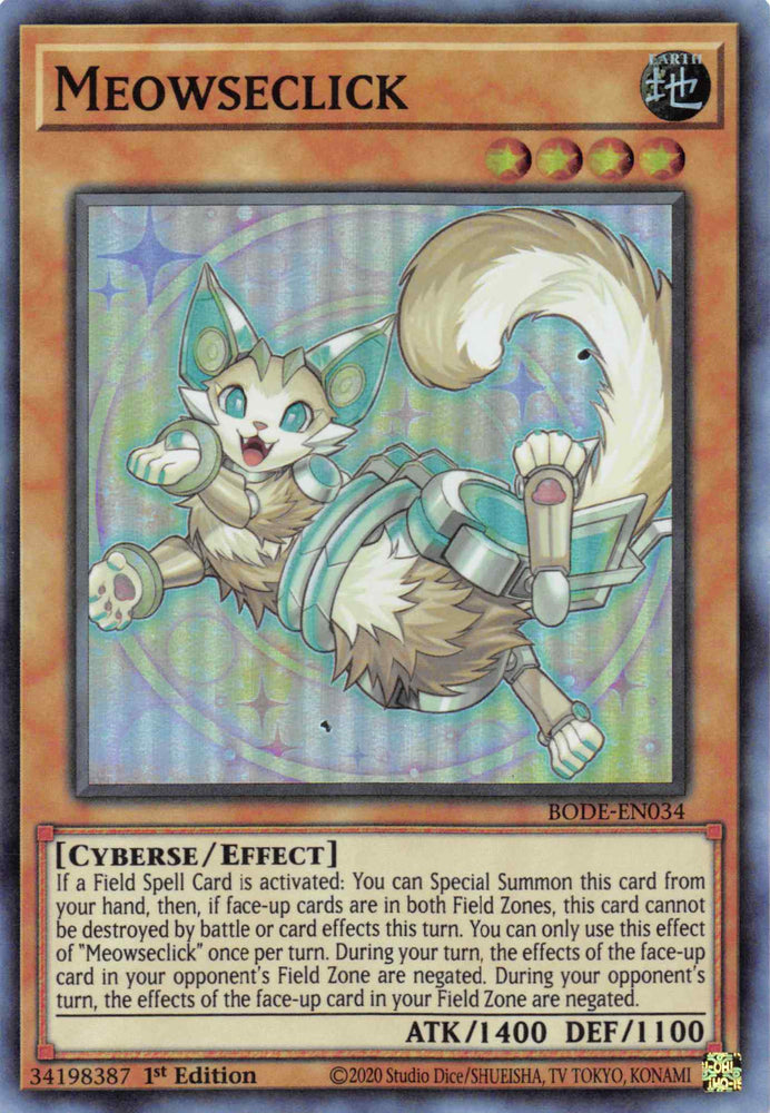  A Super Rare "Meowseclick" card from the Yugioh Set: Burst of Destiny.