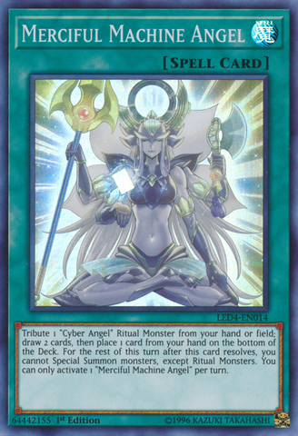  A Super Rare "Merciful Machine Angel" card from the Yugioh Set: Legendary Duelists: Sisters of the Rose.