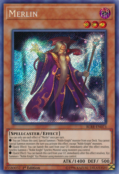 A Secret Rare "Merlin" card from the Yugioh Set: Battles of Legend: Relentless Revenge (BLRR).