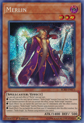 A Secret Rare "Merlin" card from the Yugioh Set: Battles of Legend: Relentless Revenge (BLRR).