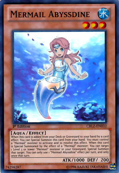 A Super Rare "Mermail Abyssdine" card from the Yugioh Set: Cosmo Blazer (CBLZ).