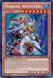 A Secret Rare "Mermail Abyssleed" card from the Yugioh Set: Cosmo Blazar.