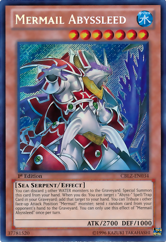 A Secret Rare "Mermail Abyssleed" card from the Yugioh Set: Cosmo Blazar.