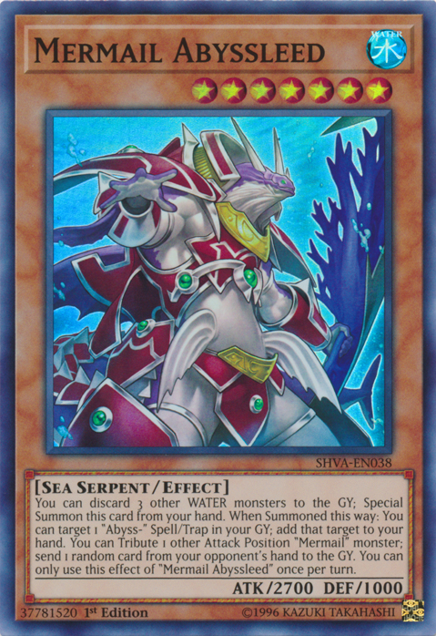 A Super Rare "Mermail Abyssleed" card from the Yugioh Set: Shadows in Valhalla (SHVA).