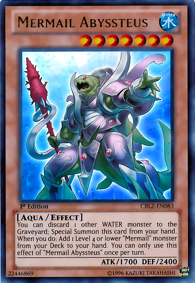 An Ultra Rare "Mermail Abyssteus" card from the Yugioh Set: Cosmo Blazer (CBLZ).
