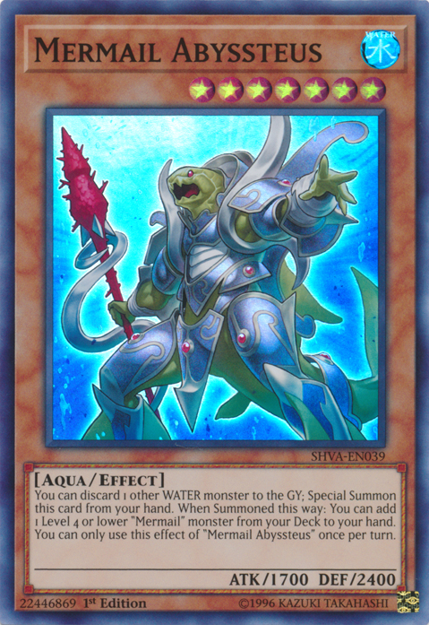 A Super Rare "Mermail Abyssteus" card from the Yugioh Set: Shadows in Valhalla (SHVA).