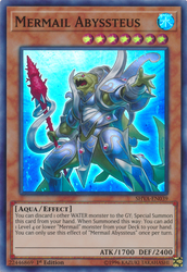 A Super Rare "Mermail Abyssteus" card from the Yugioh Set: Shadows in Valhalla (SHVA).