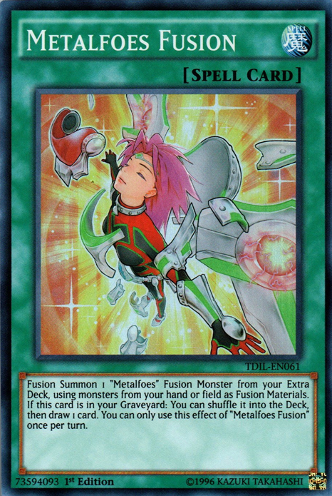 A Super Rare "Metafoes Fusion" card from the Yugioh Set: The Dark Illusion (TDIL).