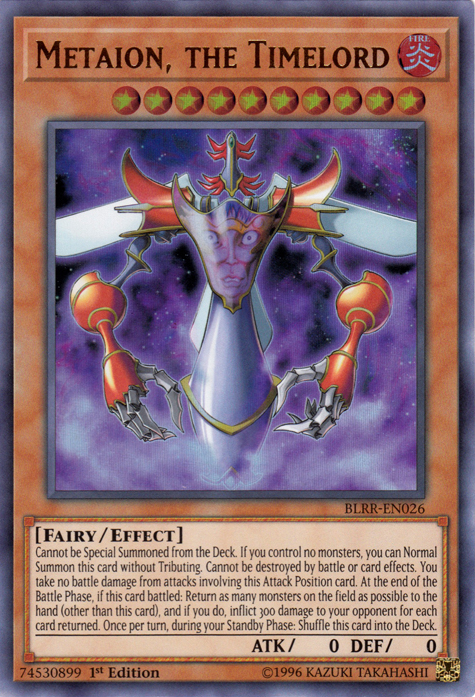 An Ultra Rare "Metaion, the Timelord" card from the Yugioh Set: Battles of Legend: Relentless Revenge (BLRR).