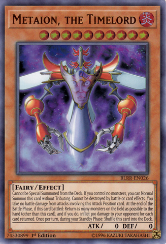 An Ultra Rare "Metaion, the Timelord" card from the Yugioh Set: Battles of Legend: Relentless Revenge (BLRR).
