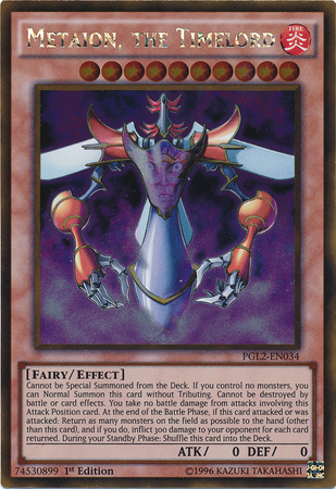 A Gold Rare "Metaion, the Timelord" card from the Yugioh Set: Premium Gold: Return of the Bling (PGL2).