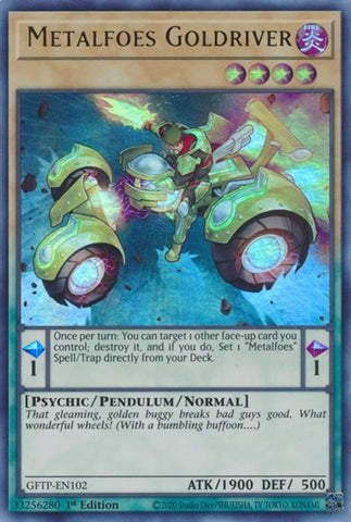 An Ultra Rare "Metalfoes Goldriver" card from the Yugioh Set: Ghosts From the Past (GFTP).