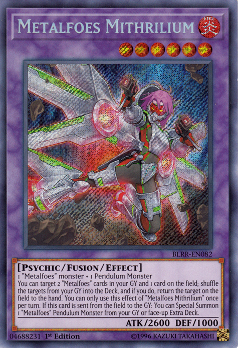 A Secret Rare "Metalfoes Mithrilium" card from the Yugioh Set: Battles of Legend: Relentless Revenge (BLRR).
