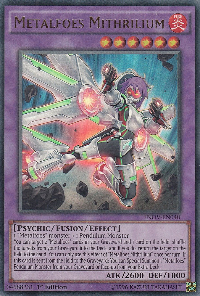 An Ultra Rare "Metalfoes Mithrilium" card from the Yugioh Set: Invasion: Vengeance (INOV).