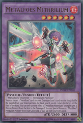 An Ultra Rare "Metalfoes Mithrilium" card from the Yugioh Set: Invasion: Vengeance (INOV).