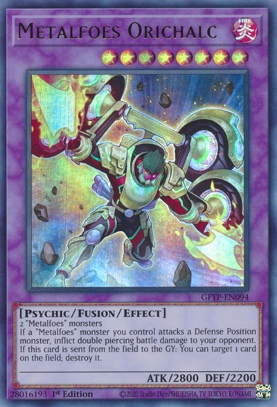 An Ultra Rare "Metalfoes Orichalc" card from the Yugioh Set: Ghosts From the Past (GFTP).