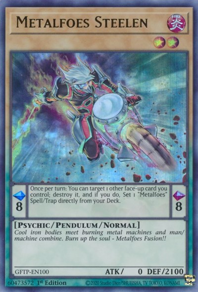 An Ultra Rare "Metalfoes Steelen" card from the Yugioh Set: Ghosts From the Past (GFTP).