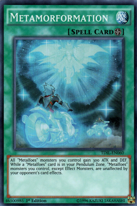 A Super Rare "Metamorformation" card from the Yugioh Set: The Dark Illusion (TDIL).