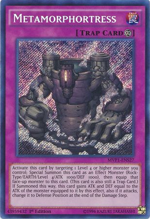 A Secret Rare "Metamorphortress" card from the Yugioh Set: The Dark Side of Dimensions: Secret Edition (MVP1).