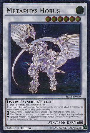 An Ultra Rare "Metaphys Horus" card from the Yugioh Set: Secrets of Eternity.