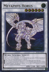 An Ultra Rare "Metaphys Horus" card from the Yugioh Set: Secrets of Eternity.