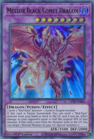 An Ultra Rare "Meteor Black Comet Dragon" card from the Yugioh Set: Ghosts From the Past.