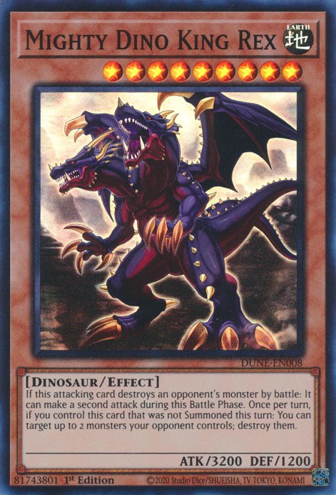 A Super Rare "Mighty Dino King Rex" card from the Yugioh Set: Duelist Nexus (DUNE).