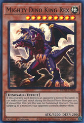 A Super Rare "Mighty Dino King Rex" card from the Yugioh Set: Duelist Nexus (DUNE).