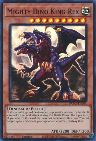 A Super Rare "Mighty Dino King Rex" card from the Yugioh Set: Duelist Nexus (DUNE).