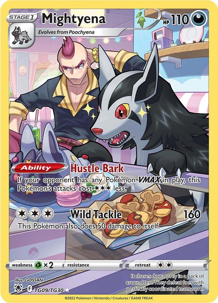 A Secret Rare "Mightyena" (TG09/TG30) card from the Pokemon Set: Astral Radiance.