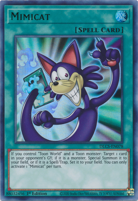 An Ultra Rare Green "Mimicat" card from the Yugioh Set: Dragons of Legend: The Complete Series (DLCS).