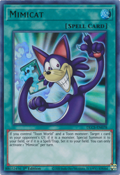 An Ultra Rare Green "Mimicat" card from the Yugioh Set: Dragons of Legend: The Complete Series (DLCS).