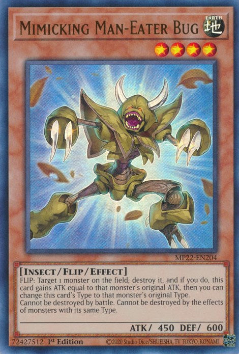 An Ultra Rare "Mimicking Man-Eater Bug" card from the Yugioh 2022 Tin of the Pharaoh's Gods Set (MP22).