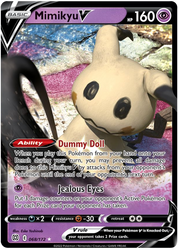 An Ultra Rare "Mimikyu V" (068/172) card from the Pokemon Set: Brilliant Stars.