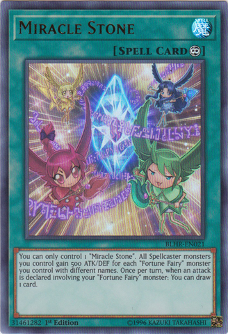 An Ultra Rare "Miracle Stone" card from the Yugioh Set: Battles of Legend: Hero's Revenge (BLHR).