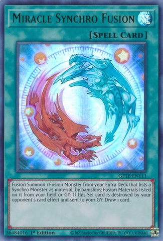 An Ultra Rare "Miracle Synchro Fusion" card from the Yugioh Set: Ghosts From the Past (GFTP).