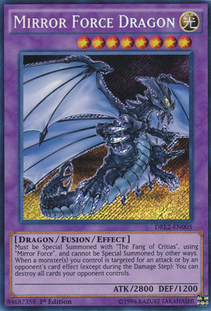 A Secret Rare "Mirror Force Dragon" card from the Yugioh Set: Dragons of Legend 2 (DRL2).