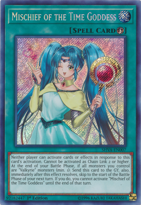  A Secret Rare "Mischief of the Time Goddess" card from the Yugioh Set: Shadows in Valhalla (SHVA).