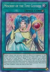  A Secret Rare "Mischief of the Time Goddess" card from the Yugioh Set: Shadows in Valhalla (SHVA).