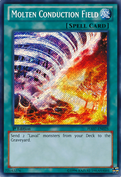 A Secret Rare "Molten Conduction Field" card from the Yugioh Set: Hidden Arsenal 7: Knight of Stars (HA07).