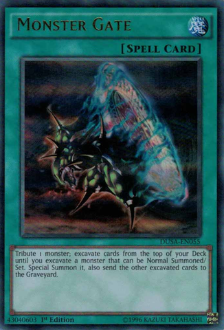 An Ultra Rare "Monster Gate" card from the Yugioh Set: Duelist Saga.