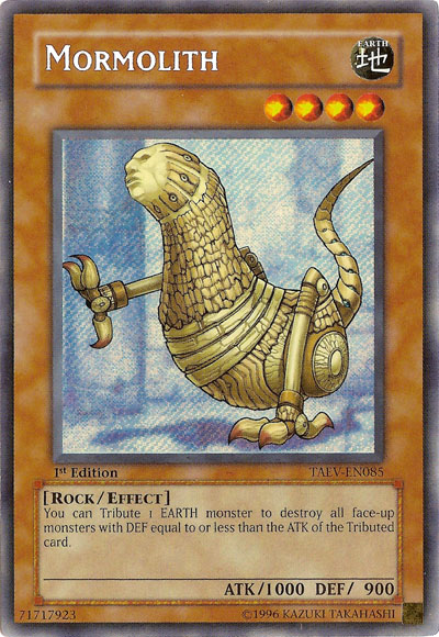 A Secret Rare "Mormolith" card from the Yugioh Set: Tactical Evolution.