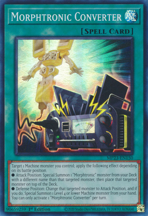 A Super Rare "Morphtronic Converter" card from the Yugioh 25th Anniversary Tin: Dueling Heroes set.