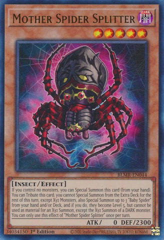 An Ultra Rare "Mother Spider Splitter" card from the Yugioh Set: Battles of Legend: Monstrous Revenge.