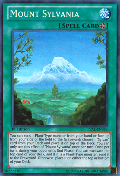 A Super Rare "Mount Sylvania" card from the Yugioh Set: Legacy of the Valiant (LVAL).