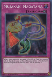 A Super Rare "Musakani Magatama" card from the Yugioh Set: Spirit Warriors (SPWA).