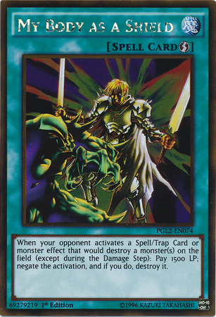 A Gold Rare "My Body As A Shield" card from the Yugioh Set: Premium Gold: Return of the Bling (PGL2).