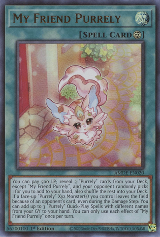 An Ultra Rare "My Friend Purrely" card from the Yugioh Set: Amazing Defenders.