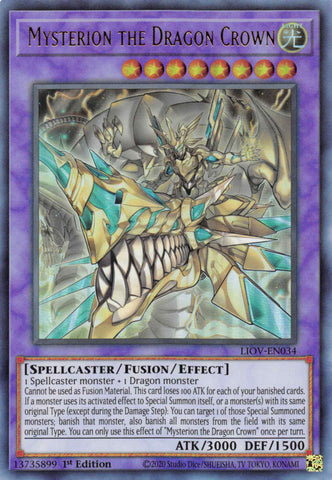 An Ultra Rare "Mysterion the Dragon Crown" card from the Yugioh Set: Lightning Overdrive (LIOV).